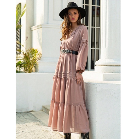 Pink Bohemian Maxi Dress Chiffon Neck Ties Long Sleeve Ruffle Hem Flowy - Picture 5 of 10